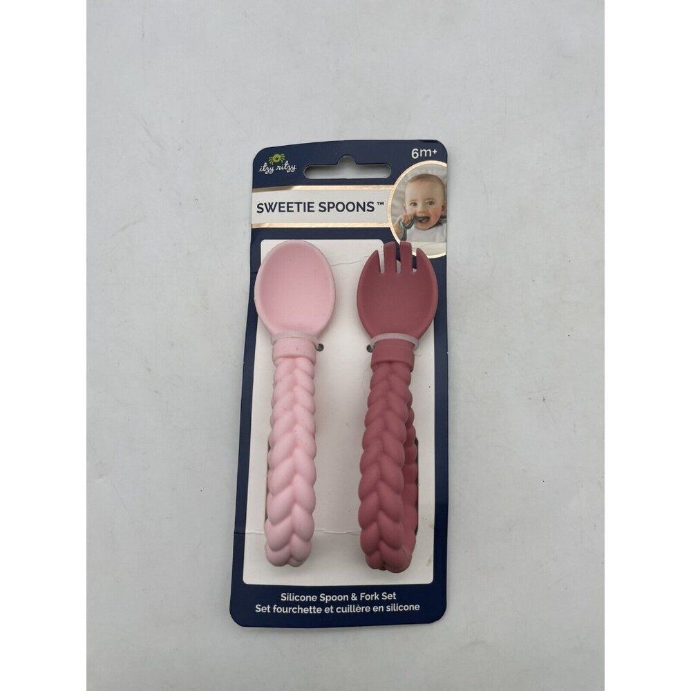 Itzy Ritzy Sweetie Spoons Silicon Spoon Fork Pink Set BPA Free 6m+ Baby NEW
